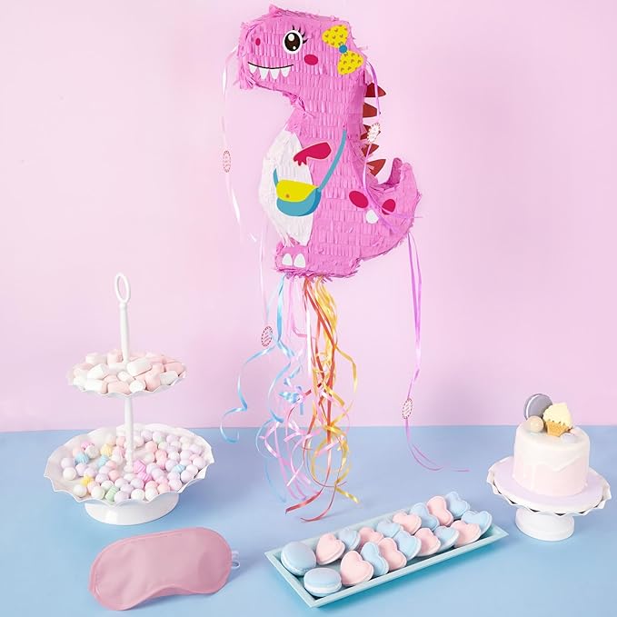 WERNNSAI Foldable Dinosaur Piñata - Pull String Dinosaur Birthday Party Supplies Extendable Piñata with Blindfold Bat and Tassels Dinosaur Birthday Decoration Pink Dinosaur Piñatas for Classroom Game
