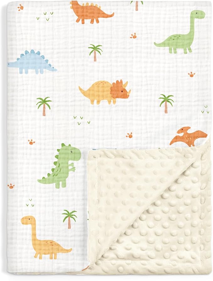 Dinosaur Baby Blankets for Boys, Soft Nursery Minky Blankets with Muslin and Dotted Fleece Back 30x40 inches, Receiving Bed Quilt for Newborn, Infants, Toddlers