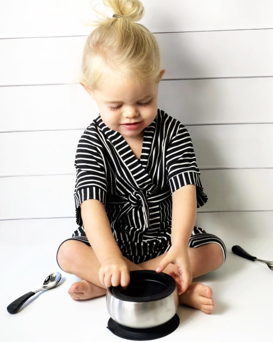 Avanchy Baby Spoons Set, Stainless Steel and Silicone Spoon Utensils, Toddler Baby Led Weaning Silverware Cutlery Flatware, Kids First Self Feeding 4 Pack, Green, Blue, Pink and Black