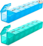 BUG HULL Weekly Pill Organizer Large 2 Packs, Extra Large Travel Pill Organizers, Pill Box 7 Day, Travel Pill Case, Medicine Pill Organizer for Vitamins, Supplements and Medications (Blue+Green)