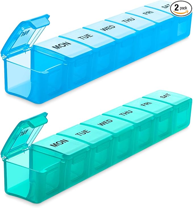 BUG HULL Weekly Pill Organizer Large 2 Packs, Extra Large Travel Pill Organizers, Pill Box 7 Day, Travel Pill Case, Medicine Pill Organizer for Vitamins, Supplements and Medications (Blue+Green)