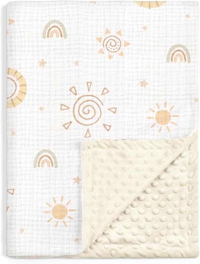 Sun Baby Blankets for Boys Girls, Soft Nursery Minky Blankets with Muslin and Dotted Fleece Back 30x40 inches, Receiving Bed Quilt for Newborn, Infants, Toddlers