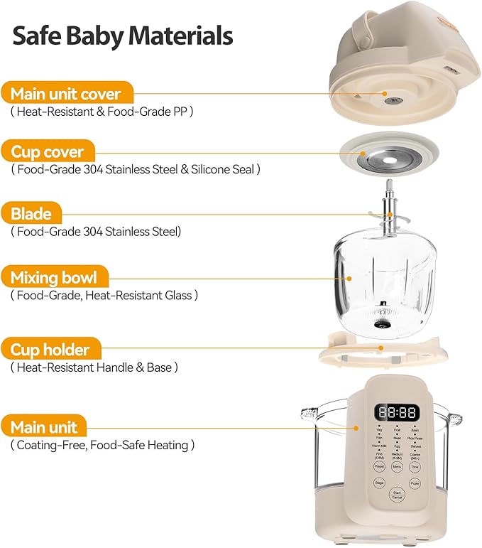 Baby Food Maker, 9 in 1 Glass Baby Food Processor Steamer Puree Blender with 6 Blades, One Step Cook Grinding, Touch Screen Control, Multifunctional Blender with 24h Timer, Dishwasher Safe