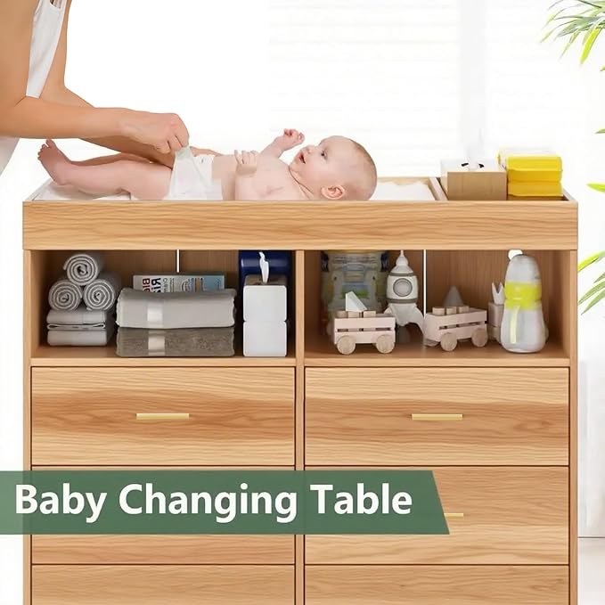 Dresser for Bedroom with 6 Drawers, Multi-Functional Nursery Dresser with LED Lights & Charging Station,Baby Changing Table Table with Diaper Changing Station