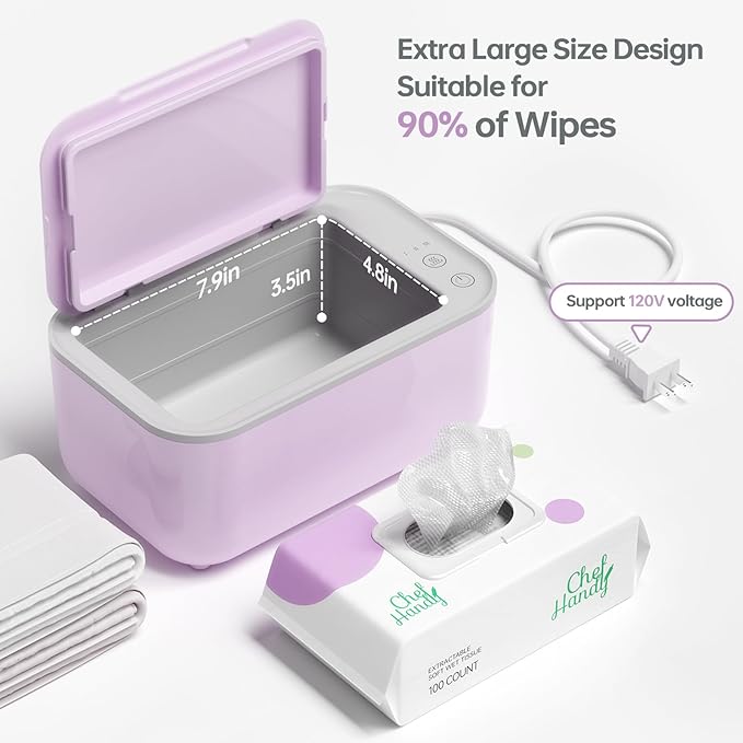 Chefhandy Wipe Warmer with Adjustable Temperature, Silent Heating & Large Capacity | Constant Warmth for Baby or Adult Wipes, Purple