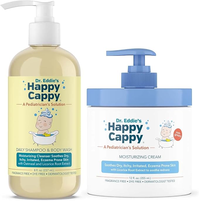 Happy Cappy Baby Shampoo and Body Wash and Moisturizing Cream Bundle - Eczema Body Wash and Lotion for Kids, Toddler, Adults, Helps with Dryness, Reduces Itching, Dermatologist Tested, Fragrance-Free