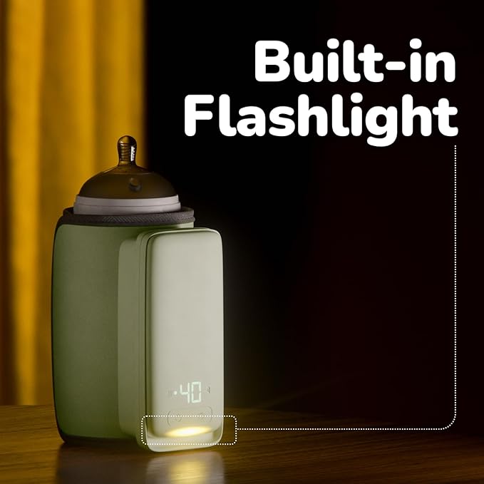 KinderSense Portable Bottle Warmer for Breastmilk or Baby Formula, by Kindersense - Leak-Proof Travel Warmer for Baby Bottles with Battery-Powered Temperature Display and Flashlight