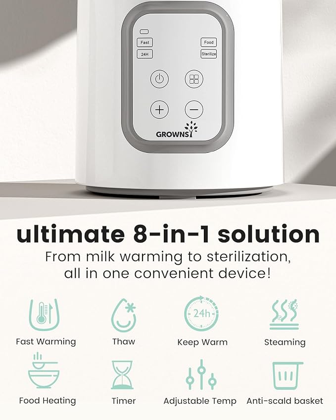 Bottle Warmer, GROWNSY 8-in-1 Fast Baby Milk Warmer with Timer for Breastmilk or Formula, Accurate Temperature Control, with Defrost, Sterili-zing, Keep, Heat Baby Food Jars Function