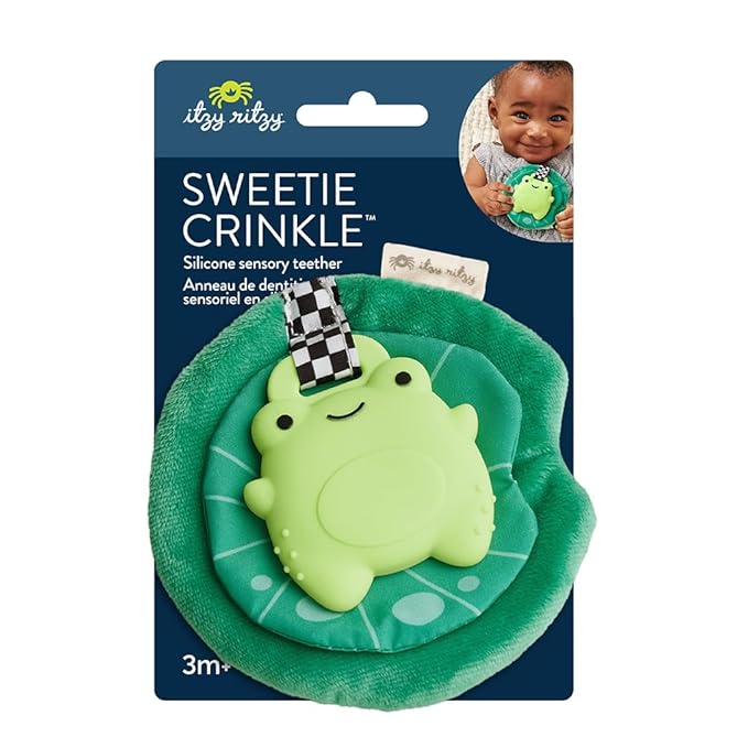 Itzy Ritzy Crinkle Teether Toy – Silicone Frog Teething Toy with Crinkly Lilypad & Plush Velour Layer; Features Multiple Textures for Teething Relief; Designed for Ages 3 Months and Up (Frog)
