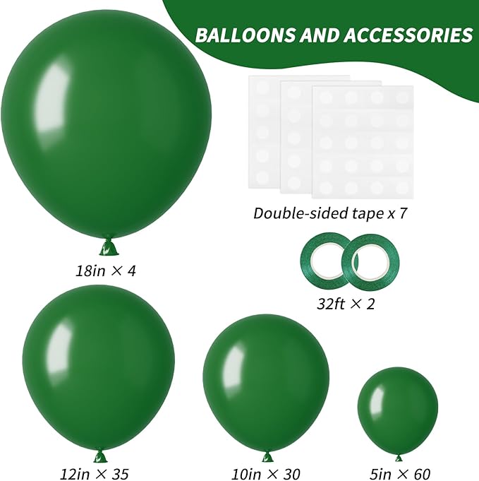 RUBFAC 129pcs Dark Green Balloons Different Sizes 18 12 10 5 Inches Emerald Green Latex Balloon Garland Arch for Masquerade Party Decorations Birthday Baby Shower Wedding Safari Jungle Party Supplies
