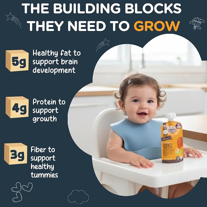 Li’l Hala Chicken Pad Thai Baby Food Pouches – Free-Range Chicken & Organic Veggies – Toddler Meals with Meat – Protein & Healthy Fats Puree – No Hormones – 6+ Months – 3.5 oz (12 Pack)