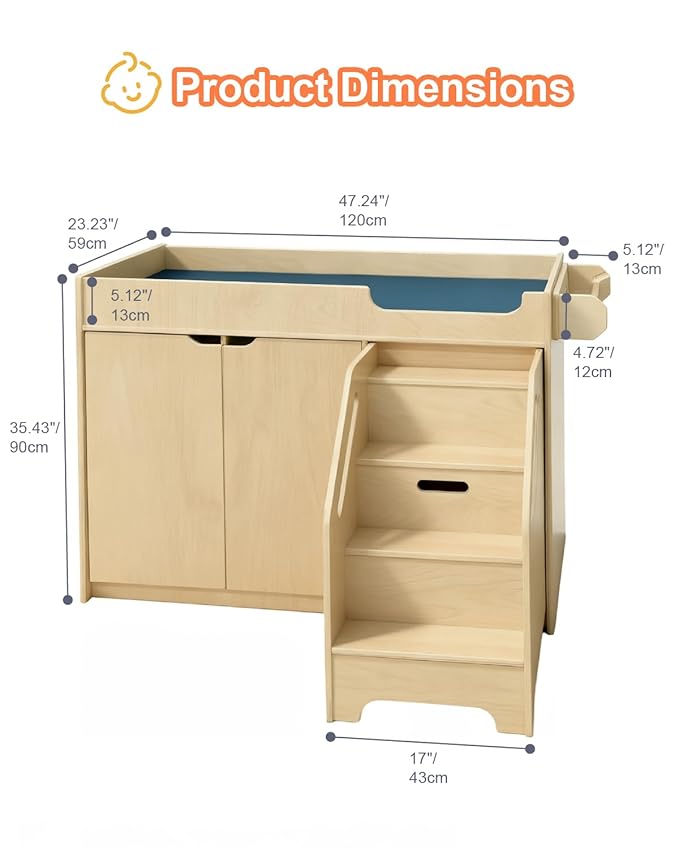 Wooden Baby Changing Table with Stairs & Storage, 100% Birch Plywood Toddler Diaper Changing Station with Tissue Holder, Montessori Furniture for Daycare, Nursery, Home, School