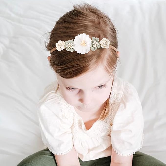 Baby Girl Nylon Headbands Flower Hair Bows Accessories-Elastic Hair Band Crown Handmade FLoral Wraps Birthday Gifts for Girls Newborn Infant Toddler 3Pcs