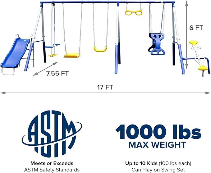 Sportspower Super 9 Metal Swing Set: Teeter Totter, 2 Kid Glide Ride Swing/Roman Glider Swing, Standing Swing + Trapeze Bar, Blow Molded Swing + 5' Wavy Slide Bonus 4pc Anchor Kit*, Blue/Yellow