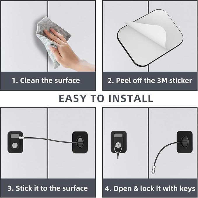 Refrigerator Lock 2 Packs, Baby Proofing Fridge Locks with Silicone Wire Protection & Key - Easy Install Surface-Friendly for Freezer & Refrigerator, Black & White