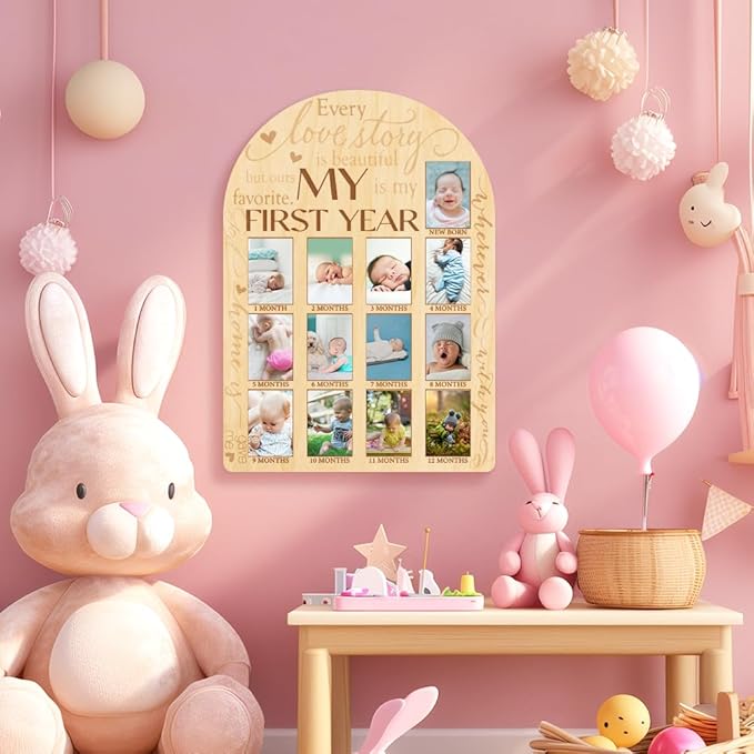 ORIGACH My First Year Baby Growth Photo Display Wood Board - 12 Months Newborn Milestones Photo Board - Neutral Baby Keepsake Board 1st Birthday Party Nursery Decor New Mom Gift - Sentiment Words