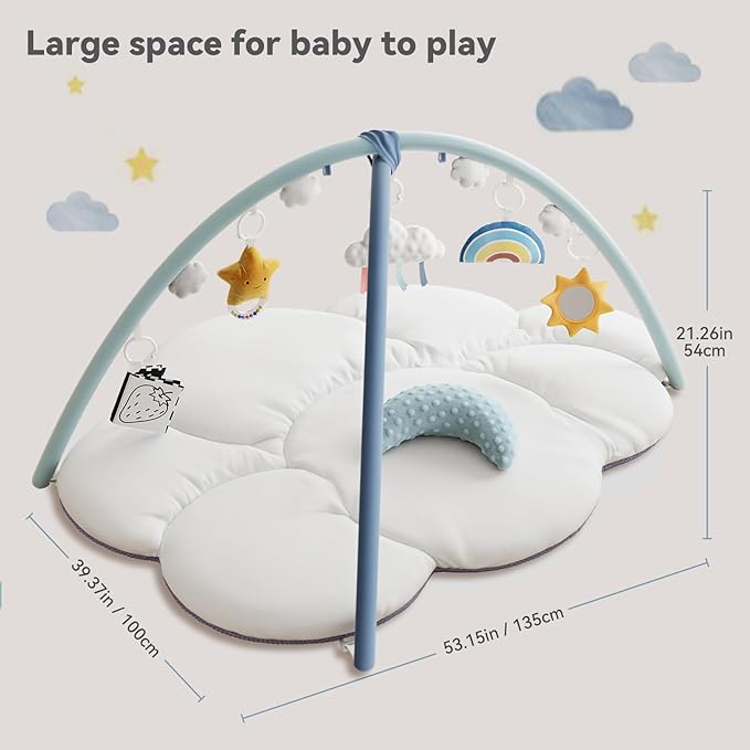 Oversized Baby Play Gym with Extra Thick Baby Play Mat – Cloud-Shaped Design, 5 Detachable Toys & Moon Pillow, Soft & Cushioned for Newborns, Promotes Sensory & Motor Development, Baby Essentials Gift