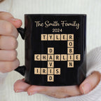 Family Forever Linked Together Custom Names Ceramic Mug, Crossword Puzzle Art, for Birthday, Anniversary or Special Occasions (Family Forever Linked Together Black Mug)