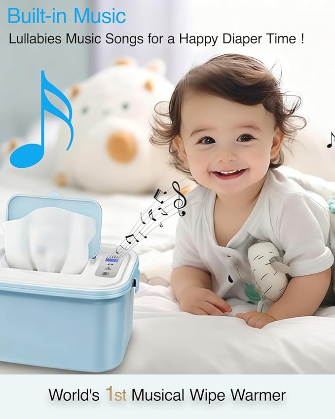 Elyina Baby Wipe Warmer with Soothing Music & White Noise, Innovative Spring Design, No-Dry Moisture Lock, Fast and Even Heating, 4 Temp Modes – Diaper Change Essential
