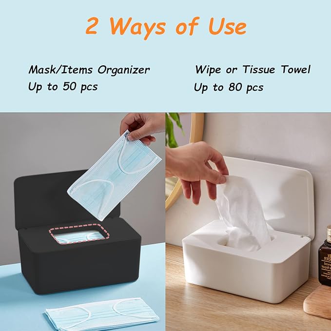 Seposeve 2 Pack Wipes Dispenser, Wipe Holder for Baby & Adult, Refillable Wipe Container, Keeps Wipes Fresh, Far from Dirty Wipes, Easy to Open/Close Wipes Pouch Case. (2 Black)