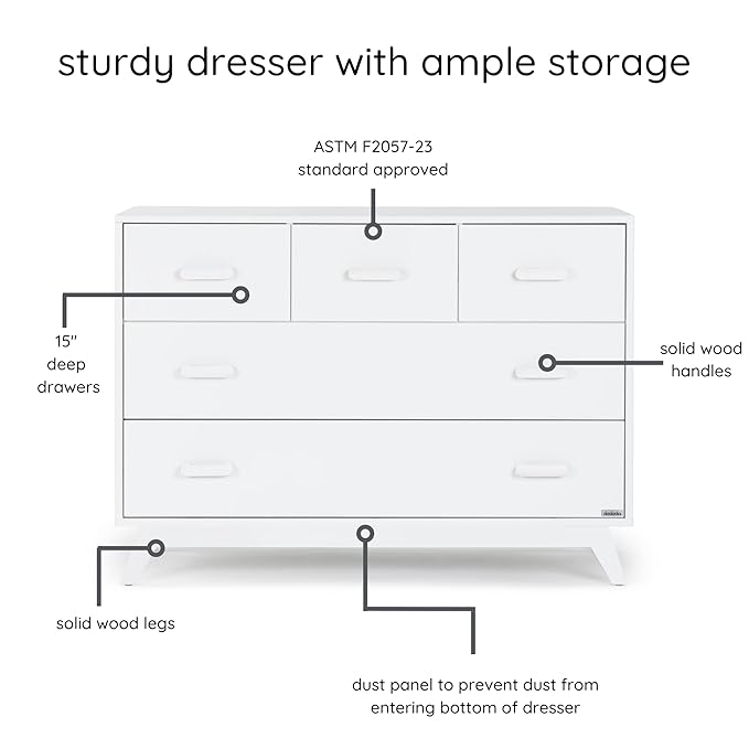 dadada Soho 5-Drawer Dresser for Nursery and Bedroom - Modern Design, Large Storage, Baby-Safe Finish, Soft Close Drawers, Anti-Tip Safety, Sturdy Legs & Solid Wood Handles, 47” Wide (White)