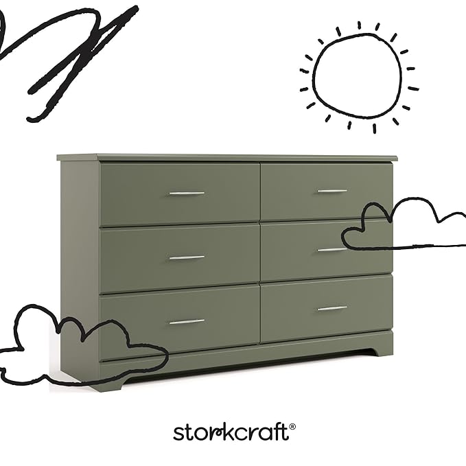 Stork Craft Brookside 6-Drawer Dresser (Olive) – GREENGUARD Gold Certified, Green Dresser for Bedroom, Kids & Nursery Storage Chest, Safety Interlocking Drawers, Pre-Installed Tracks, Kids Chest