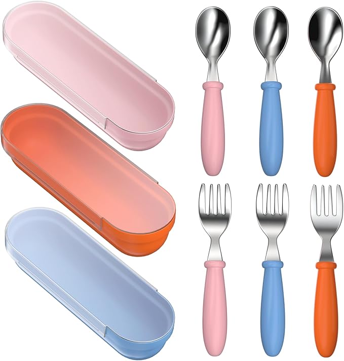 Toddler Utensils, Toddler Forks and Spoons, Baby Stainless Steel Silverware Set with Storage Box for Self Feeding Safe, Dishwasher Safe (3 Set with Case)
