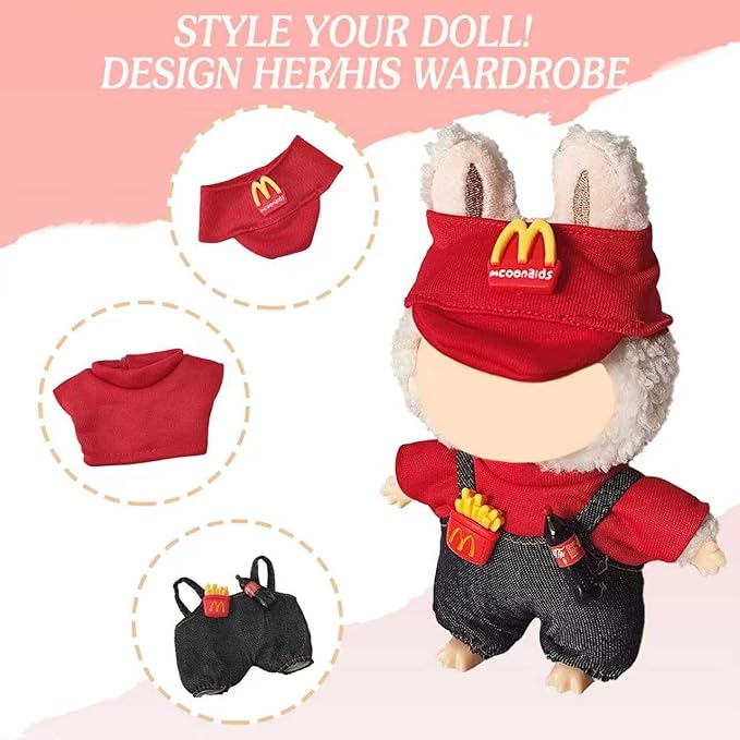 17cm Doll Clothes, Accessories for 15/17cm Dolls Clothes Headband + Overalls, Dolls Keychain Accessories, No Doll Included (Red)