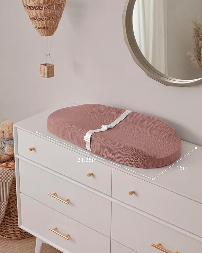 Blissful Diary Muslin Baby Changing Pad with Waterproof Lining Foam, Diaper Changing Table Pad with Cover for Dressers (Dusty Pink, Avocado)