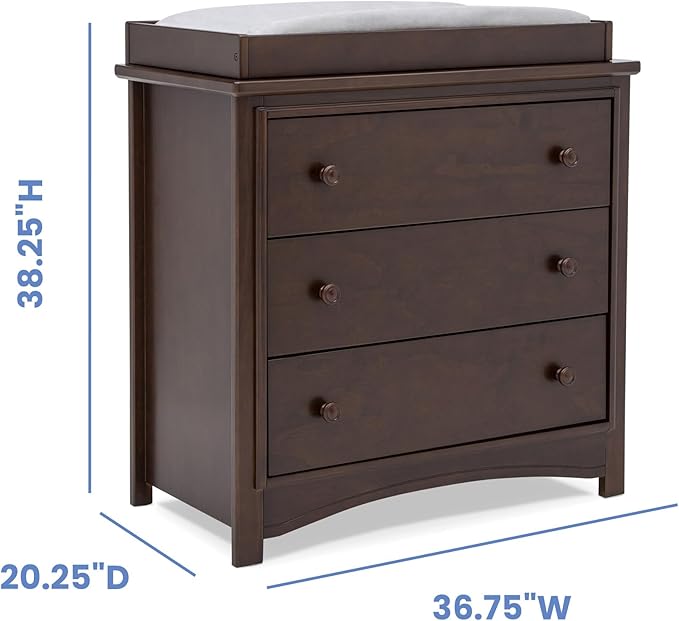 Delta Children Perry 3 Drawer Dresser with Changing Top and Interlocking Drawers, Walnut Espresso