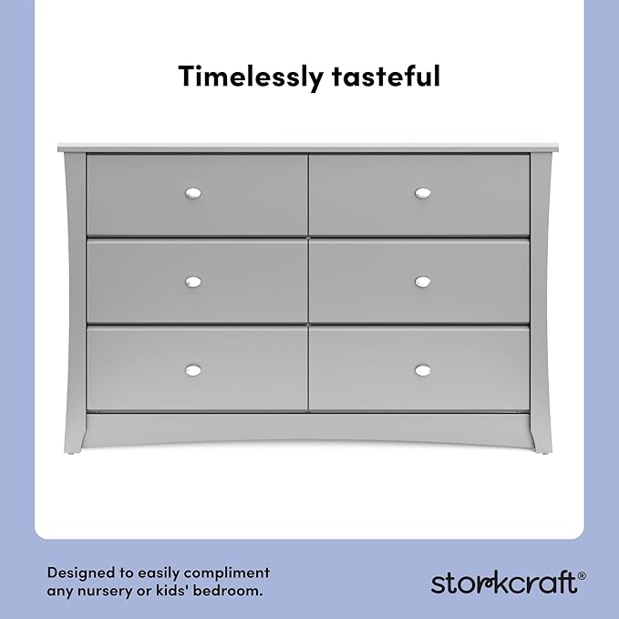 Storkcraft Crescent 6 Drawer Double Dresser (Pebble Gray) – GREENGUARD Gold Certified, Nursery Dresser for Kids Bedroom