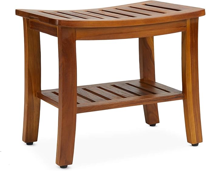 Teak Shower Bench 21 Inch, Fully Assembled Wood Bath Stool for Shower & Spa, The Hermod