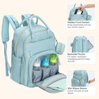 BabbleRoo Leather Diaper Bag Backpack - Baby Essentials Travel Baby Bag, Multi function, Waterproof, with Changing Pad, Stroller Straps & Pacifier Case – Unisex, Powder Blue