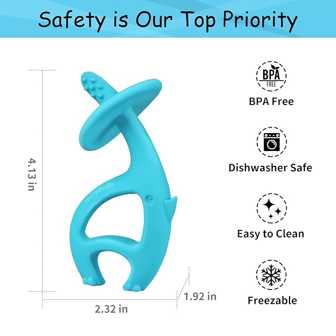 Baby Teething Toys for Babies 3-12 Months with Attachment to Clip, Mombella Elephant Baby Teether Toys 6 Month Old, Soft Silicone Infant Chew Toy 9 Months Teething Relief, Ideal Newborn Gifts, Blue