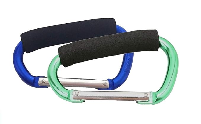 Large Stroller Hooks for Mommy, 2 pcs Carabiner Stroller Hook Organizer for Hanging Purses, Diaper Bag, Shopping Bags. Clip Fits Single/Twin Travel Systems, Car Seats (Blue+Green)