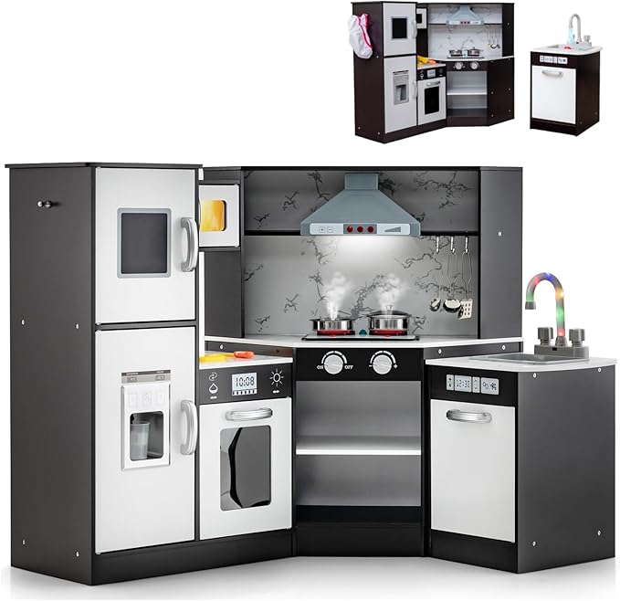 Costzon Kids Kitchen Playset, Pretend Cooking Toys w/Washing Basin, Real Lights & Sounds, Microwave, Oven, Blackboard, Ice Maker, Range Hood, Stoves, 2-PieceCorner Wooden Play Kitchen for Kids 3+