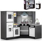 Costzon Kids Kitchen Playset, Pretend Cooking Toys w/Washing Basin, Real Lights & Sounds, Microwave, Oven, Blackboard, Ice Maker, Range Hood, Stoves, 2-PieceCorner Wooden Play Kitchen for Kids 3+