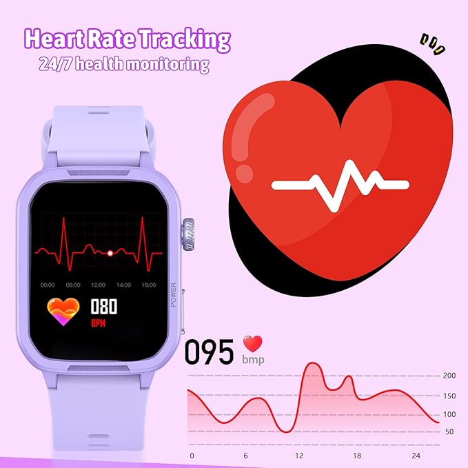 Smart Watch for Kids No Phone Needed, Tempered Glass Fitness Tracker Watch Boy Girl Teens with 19 Sport Modes, Pedometer, Sleep Monitor, Kids Watch Birthday Gifts Toy Gift for Girls Boys 6-16 (Purple)