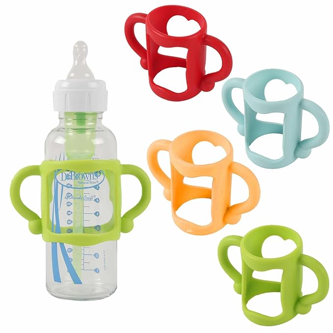 TonGass (4-Pack) Bottle Handles for Dr Brown Narrow Baby Bottles with Easy Grip Handles to Hold Their Own Bottle - BPA-Free Soft Silicone - Red Orange Blue and Green