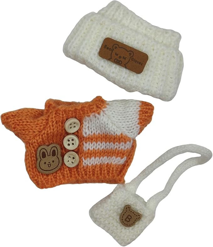 Handmade Crochet Doll Clothes ,Compatible with 5.91-6.7inch (15-17cm) Dolls as Accessories , Adorably Stylish Set for Dolls, Cute Doll Outfit with Accessories ( Orange Sweater + White Hat +White Bag)