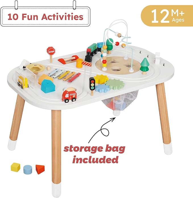 Baby Activity Cubes for Kids,Toddler Activity Cubes&Activity Center Table with Wooden Bead Mazes，Mini Toy Car,Gears&Blocks|Wooden Desk Play Table as Montessori Toy for 1 Year Old Boy Girl