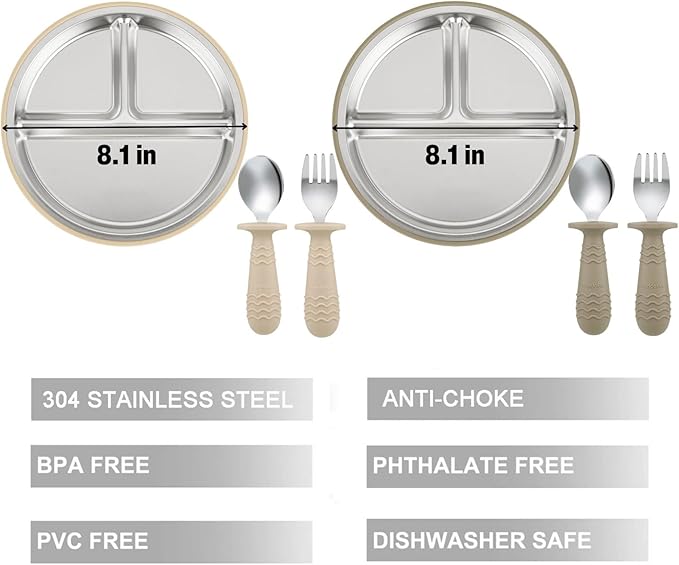 PandaEar 2 Pack Stainless Steel Baby Suction Plates & 2 Pack Spoons and Forks Set, Toddler Utensils Baby Feeding Set, Divided Plates for Baby Led Weaning Supplies, BPA-Free (Tan/Walnut)