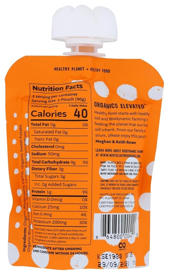 White Leaf Provisions Organic Purees / Baby Food Pouches - Fruits, Veggies & Grains, Toddler snack, Regeneratively Farmed, No Added Sugar, Non-GMO, BPA-Free Pouches 3.17 oz (Pack of 24, Carrot + Sweet Potato + Pea