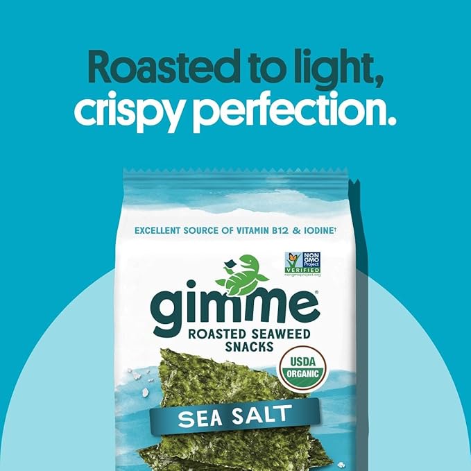 Gimme Seaweed Organic Premium Roasted Seaweed Snacks, Sea Salt, 40 Count, Keto, Vegan, Gluten-Free, Great Source of Omega3s and Iodine, Healthy On-The-Go Snack for Kids and Adults