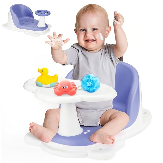 Baby Bath Seat with Tray for Babies 6 Months & Up, Baby Bathtub Seat with Ultra Strong Suction Cups, Infant Bathtub Support Chair Soft Cushion & Ergonomic Backrest, Ideal Gift for Infants (Blue)