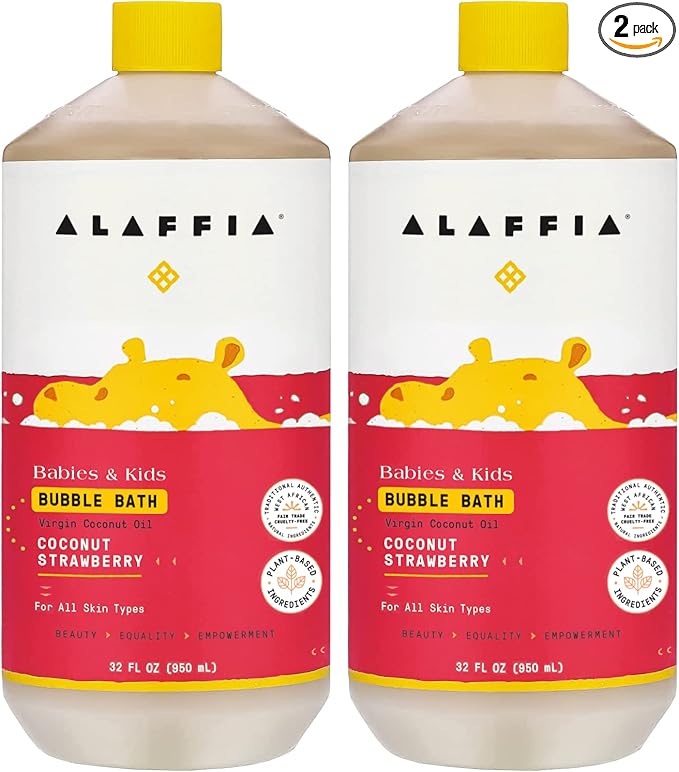 Alaffia Babies and Kids Bubble Bath, Gentle Baby Essentials for Delicate Skin, Cleansing & Calming Bubbles, Plant Based Formula, Vegan, Coconut Strawberry (2 Pack - 32 Fl Oz Ea)