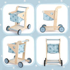 Asweets 2 in 1 Wooden Baby Walker Push and Pull Doll Stroller, Shopping Cart Learning Walker for Boys and Girls, Sit Stand Learning Toddler Toy (Blue)