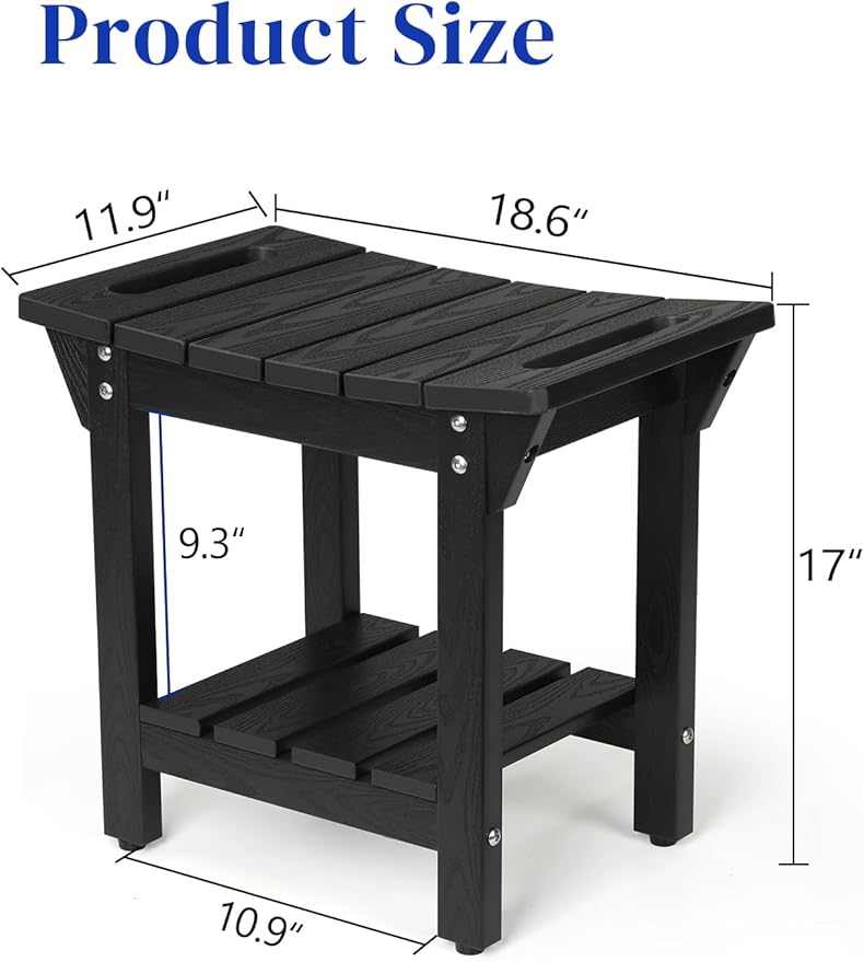 Waterproof Shower Bench, Poly Lumber Shower Stool for Shaving Legs, Shower Chair Seat with Storage Shelf and Handles, Bathroom Bench for Inside Shower, Non-Slip (Black)