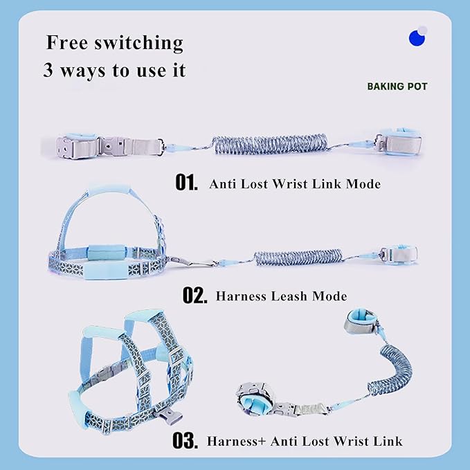 Reflective Toddler Harness with Anti Lost Wrist Link- 3 in 1 Kids Safety Leashes with Key Lock Design for Boys/Girls, Walking Wristband Rope Protection Tether Belt, Bule