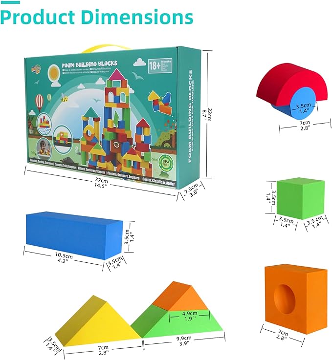 Soft Building Blocks for Toddlers 2-4, 94PCS Foam Stacking Blocks, Bath Toys for Kids, Preschool Learning STEM Toys & Gifts for Boys & Girls 18+ Months